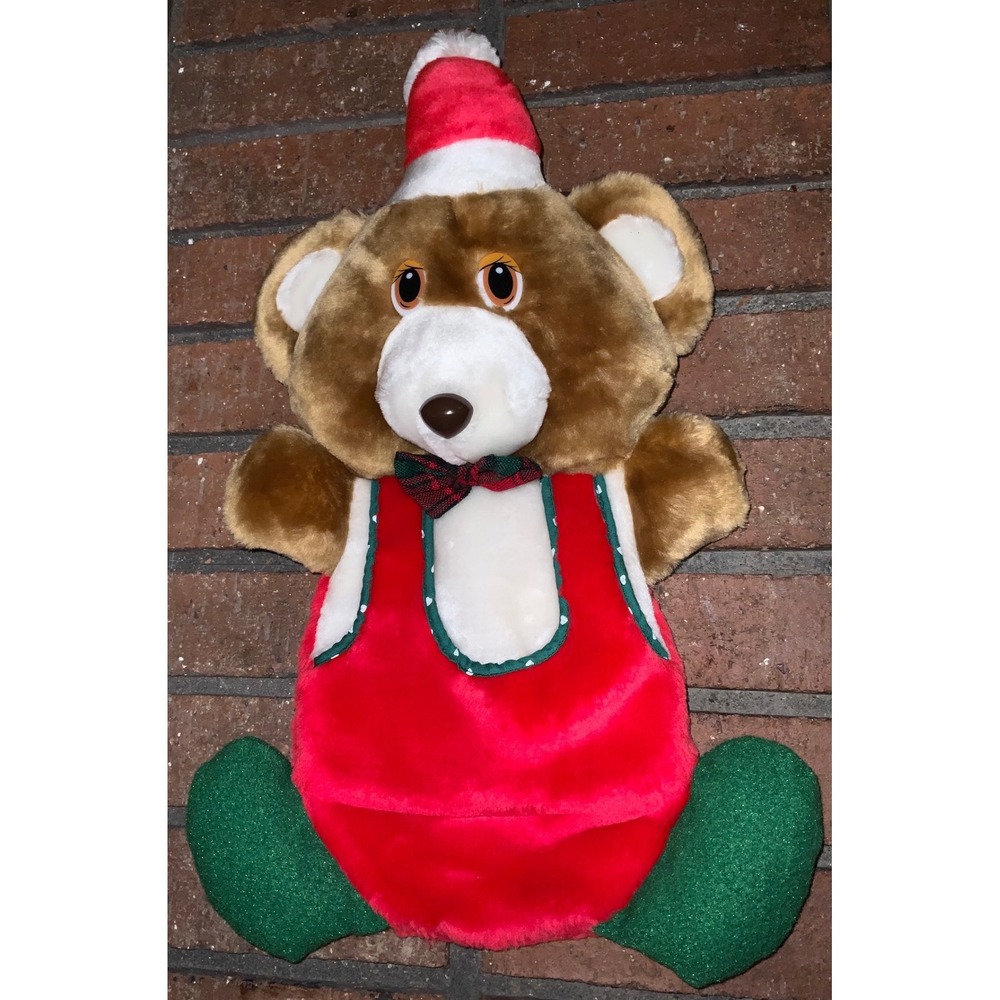 Vintage Christmas Teddy Bear Plush Santa Hat Red Overalls Stocking 14"‎